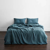 Teal Blue French Linen Bed Sheet Set