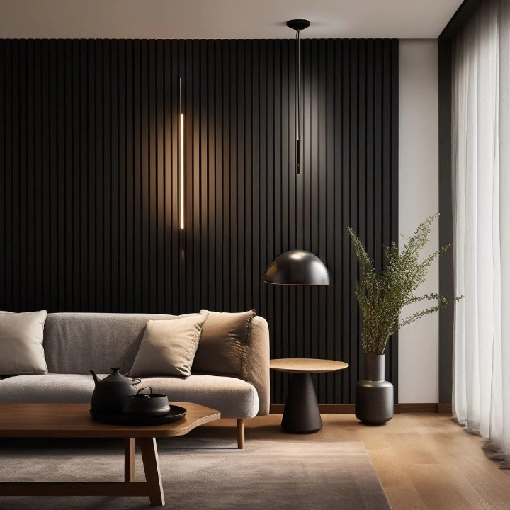 Black Color Matte Acoustic Slat Wall Panels ModernSpaceLiving