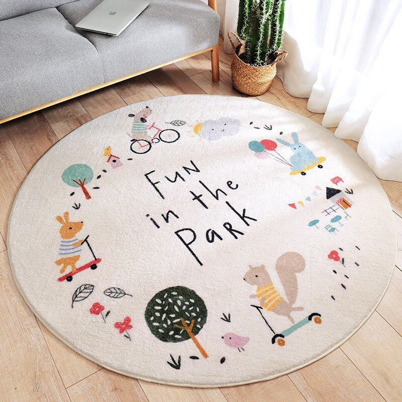 Cartoon Animal Round Kids Rug, Non-Slip