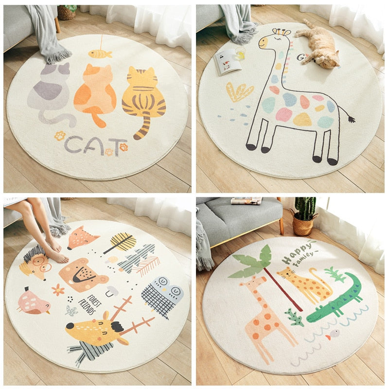 Cartoon Animal Round Kids Rug, Non-Slip
