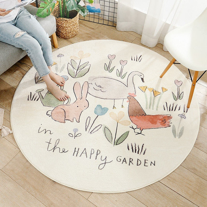Cartoon Animal Round Kids Rug, Non-Slip