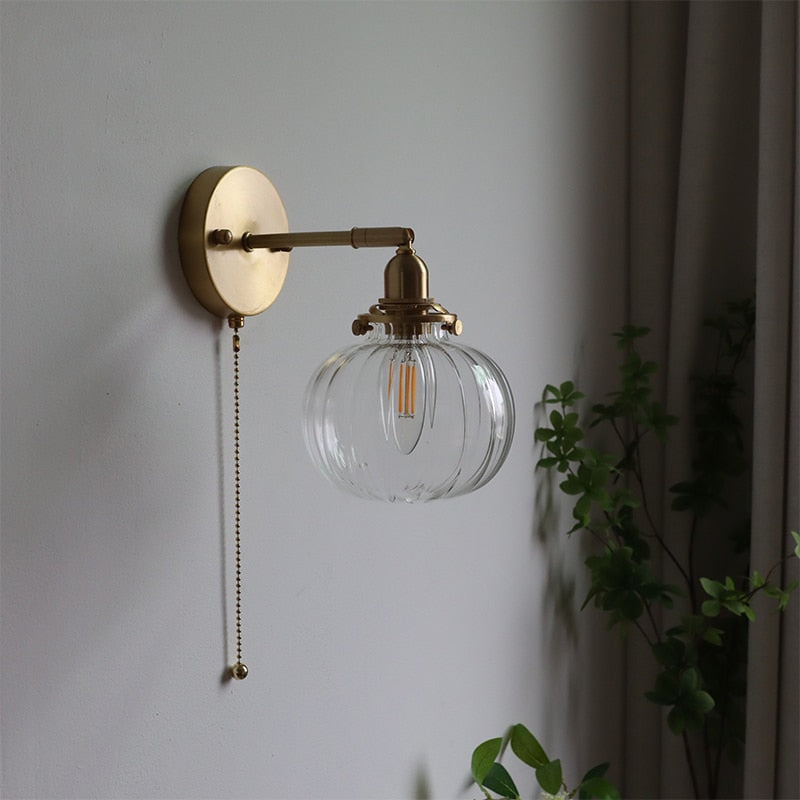 Glass Ball Wall Sconce with Pull Chain, Gold