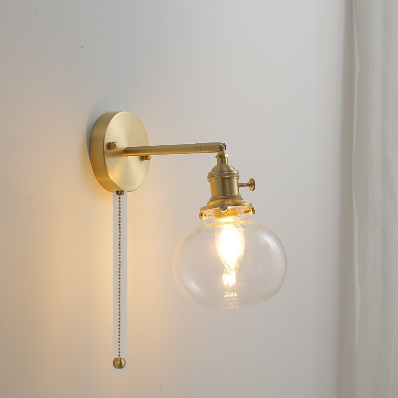 Glass Ball Wall Sconce with Pull Chain, Gold