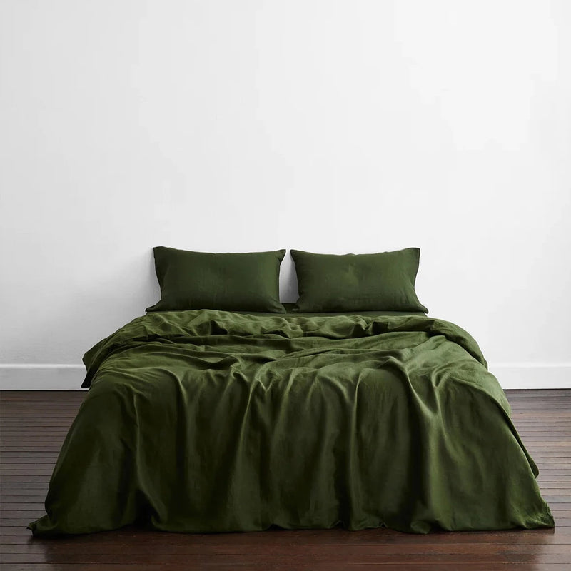 Olive French Linen Bed Sheet Set