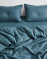 Teal Blue French Linen Bed Sheet Set
