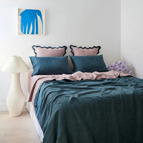 Teal Blue French Linen Bed Sheet Set