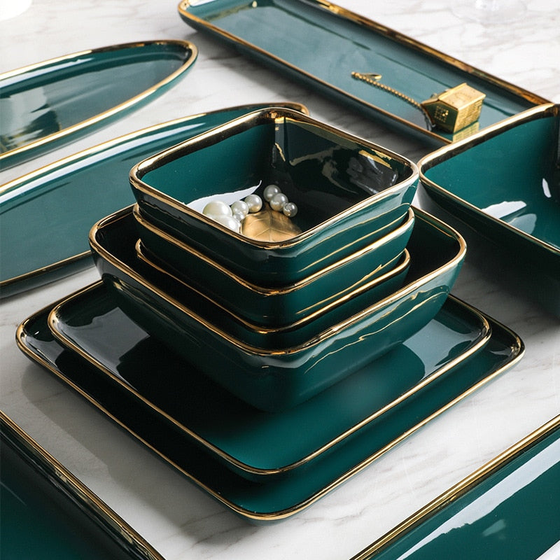 Green Ceramic Gold Inlay Steak Food Plate Nordic Style Tableware Ins Dessert Dinner Dish High Quality Porcelian Dinnerware Set