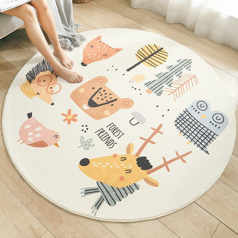 Cartoon Animal Round Kids Rug, Non-Slip