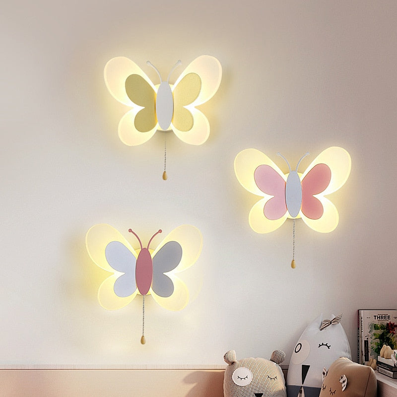 Creative Wall Mount Cartoon Cute Blue Pink Butterfly Wall Lamp LED Light Kids Child Girl Boy Baby Bedroom Nursery School Decor