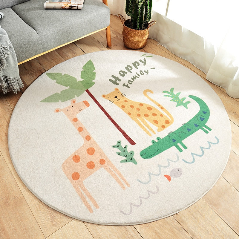 Cartoon Animal Round Kids Rug, Non-Slip