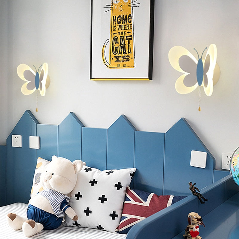 Creative Wall Mount Cartoon Cute Blue Pink Butterfly Wall Lamp LED Light Kids Child Girl Boy Baby Bedroom Nursery School Decor