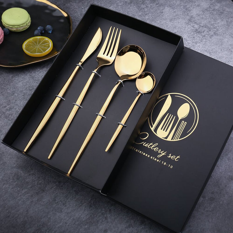 304 Stainless Steel Golden Cutlery Set Black Luxury Dinnerware Set Kitchen Cutlery Mirror Polishing Fork Spoons Knives Set 4Pcs