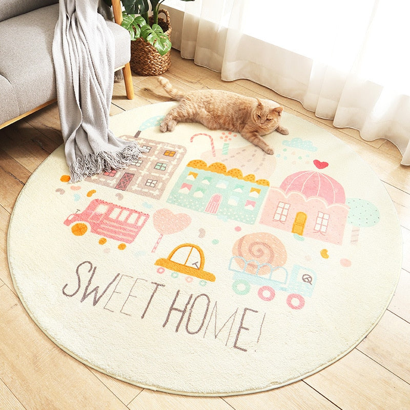 Cartoon Animal Round Kids Rug, Non-Slip