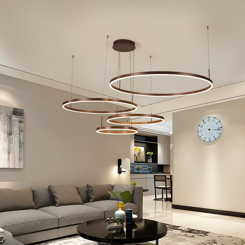 Modern Pendant Lights For Gold/Black/Coffee Living Room Dining Room Circle Rings Acrylic Aluminum Body LED Ceiling Lamp Fixtures