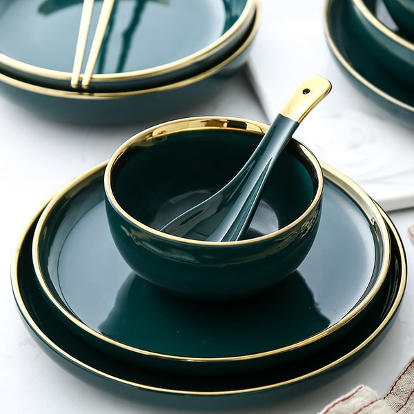 Green Ceramic Gold Inlay Steak Food Plate Nordic Style Tableware Ins Dessert Dinner Dish High Quality Porcelian Dinnerware Set