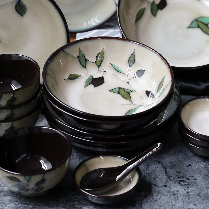 ANTOWALL Japanese Korean Ceramic Handpainted Plant Tableware Set Soup Deep Plate Flat Dish Noodle Soup Rice Bowl Sauce Dish