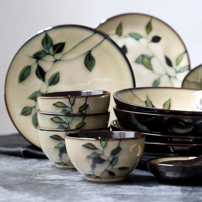ANTOWALL Japanese Korean Ceramic Handpainted Plant Tableware Set Soup Deep Plate Flat Dish Noodle Soup Rice Bowl Sauce Dish