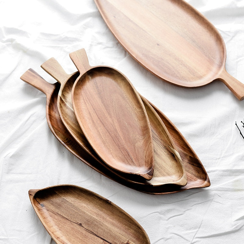 Acacia Wood Solid Wooden Plate Leaf Shape Wood Dishes Dessert Bread Plate Nuts Snack Plates Cake Wooden Tray Kitchen Utensils