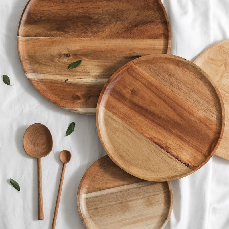 Whole Wood Lovesickness Wood Solid Wooden Pan Plate Fruit Dishes Saucer Tea Tray Dessert Dinner Plate Round Shape Tableware Set