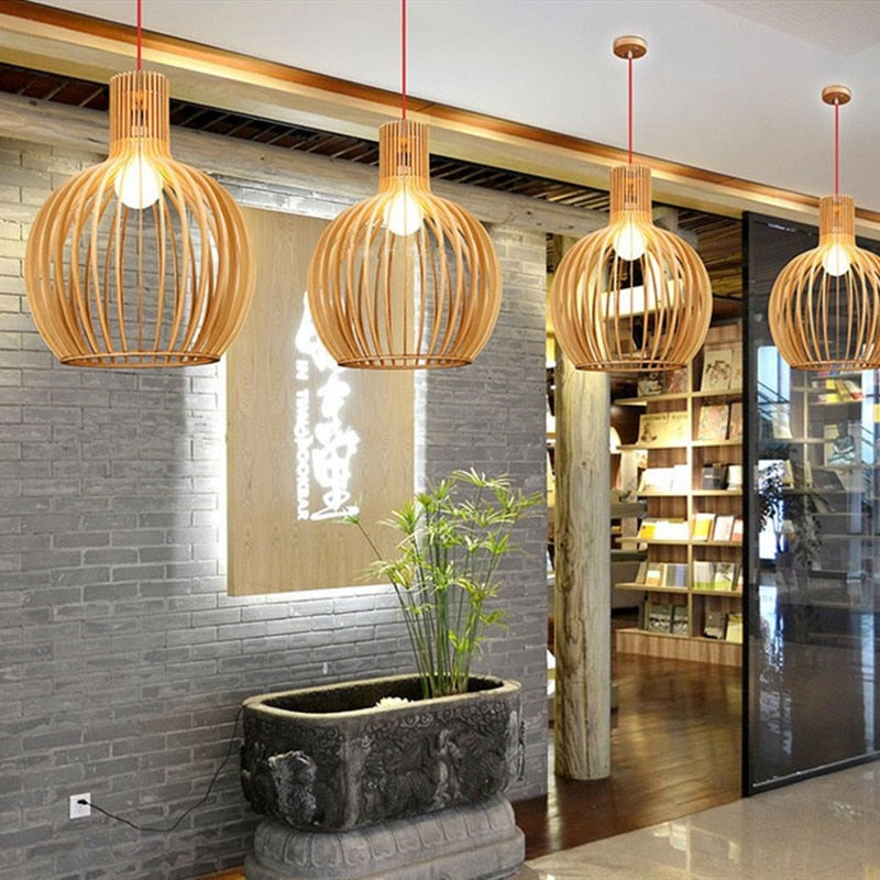 Birdcage Lamp Black Wood Pendant Lights E27 Restaurant Decoration Wood Hanging Lamp for Living Room Bedroom Light Fixtures