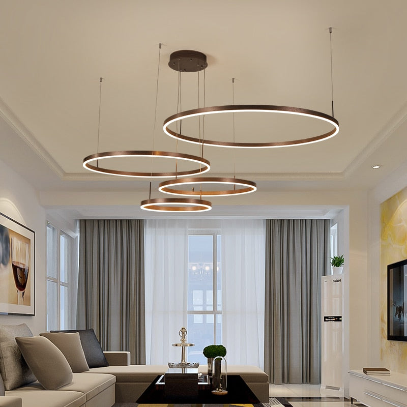 Modern Pendant Lights For Gold/Black/Coffee Living Room Dining Room Circle Rings Acrylic Aluminum Body LED Ceiling Lamp Fixtures