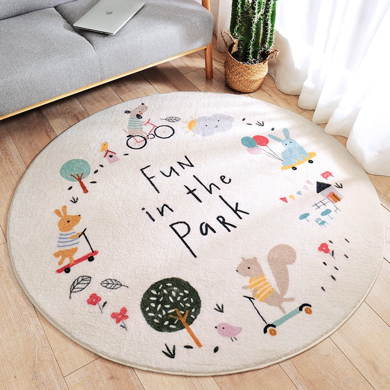 Cartoon Animal Round Kids Rug, Non-Slip