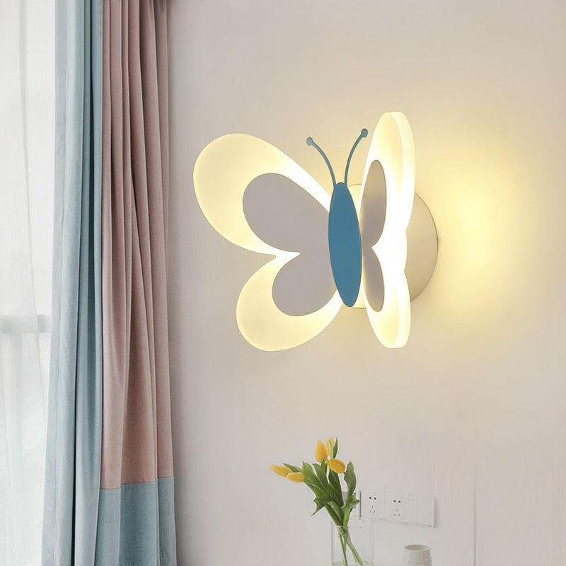 Creative Wall Mount Cartoon Cute Blue Pink Butterfly Wall Lamp LED Light Kids Child Girl Boy Baby Bedroom Nursery School Decor