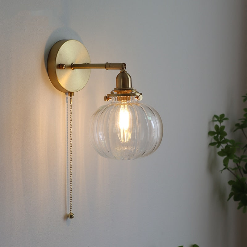 Glass Ball Wall Sconce with Pull Chain, Gold