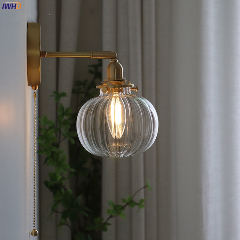Glass Ball Wall Sconce with Pull Chain, Gold