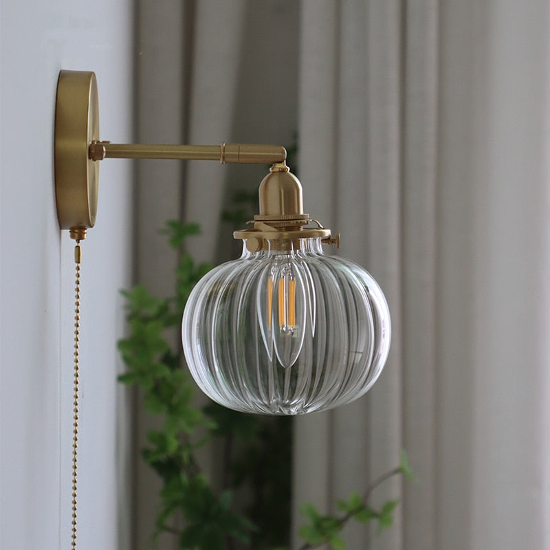 Glass Ball Wall Sconce with Pull Chain, Gold
